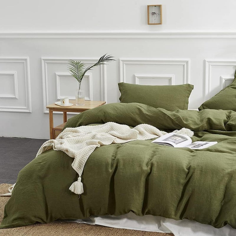 Simple&Opulence 100% Linen Duvet Cover Set, 3 PCS Natural French Flax Olive Green Duvet Cover King Size, Breathable Soft Comfy Linen Bedding Comforter Cover with 2 Pillowcases(Olive Green, 104"x92") - Image 4